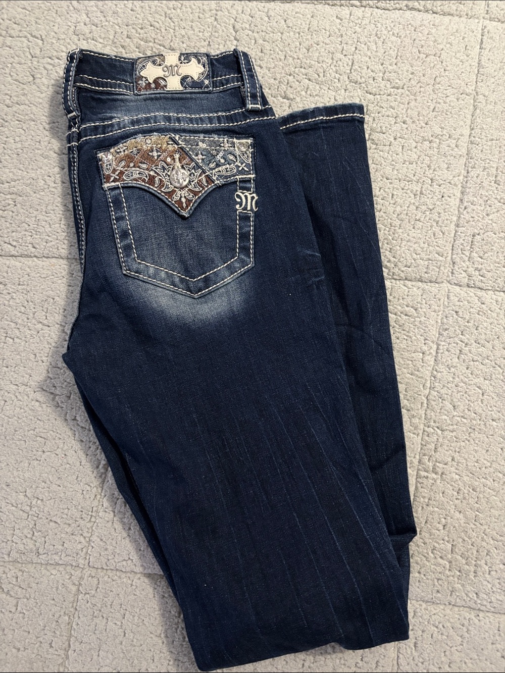 Miss Me Dark Blue Bootcut Jeans with Embroidered Pockets